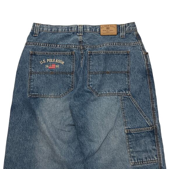 VTG Y2K 00s Polo ASSN Blue Embroidered Carpenter Baggy Wide Leg Jeans 36x30 - Picture 5 of 5